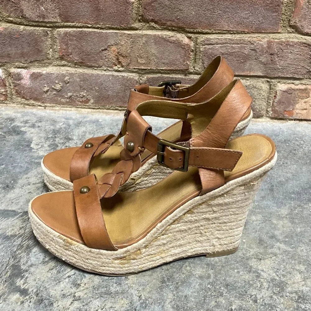 Zodiac Quana Saddle Tan Leather Espadrille Wedge Sandal Size 8